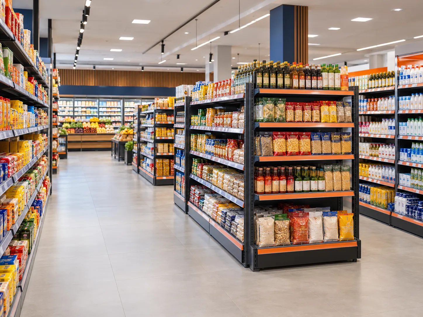 Supermercados — Layout de fluxo, pontas promocionais e retaguarda dimensionada.
